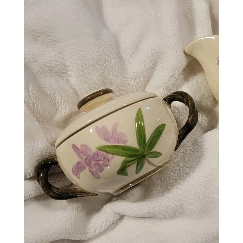 Franciscan Poppy Ceramic Yellow Purple Flowers sugar bowl with lid hand painted